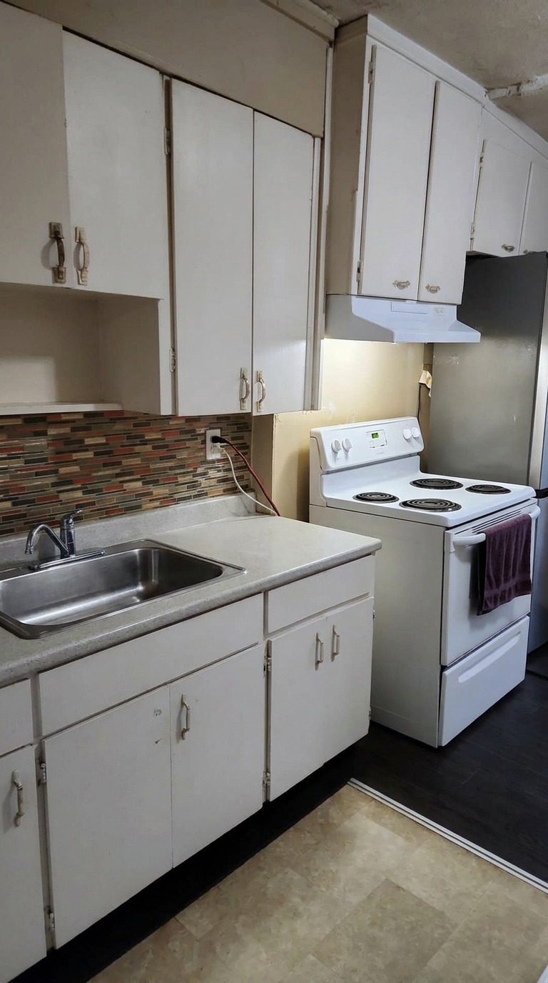 Same counters and stove clear and gleaming after cleaning