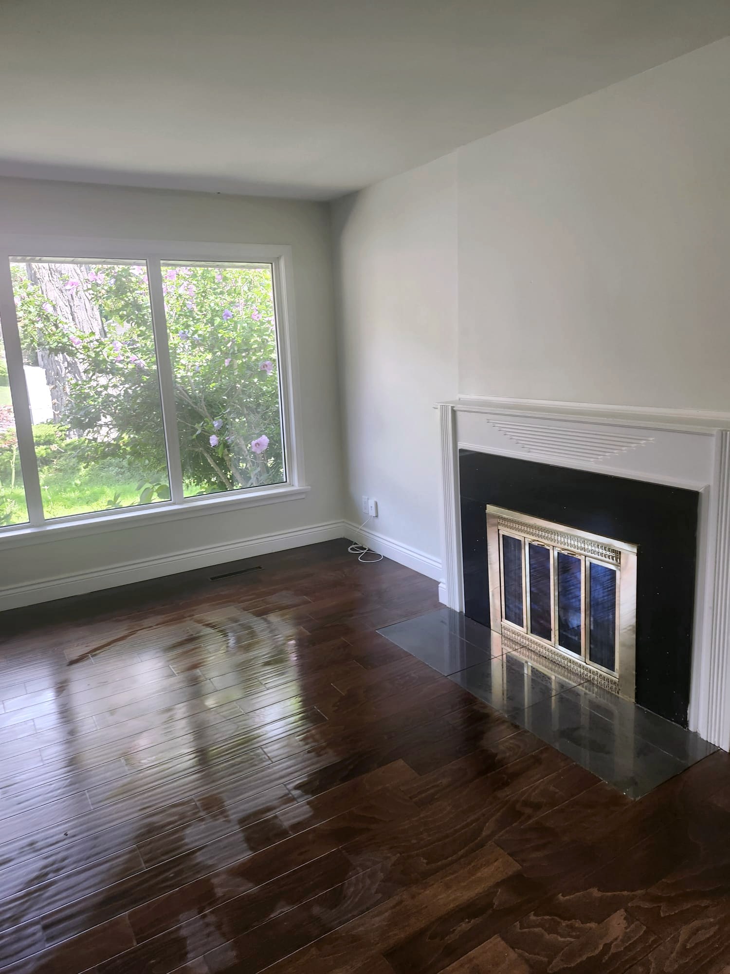 Polished hardwood floors beside a clean fireplace